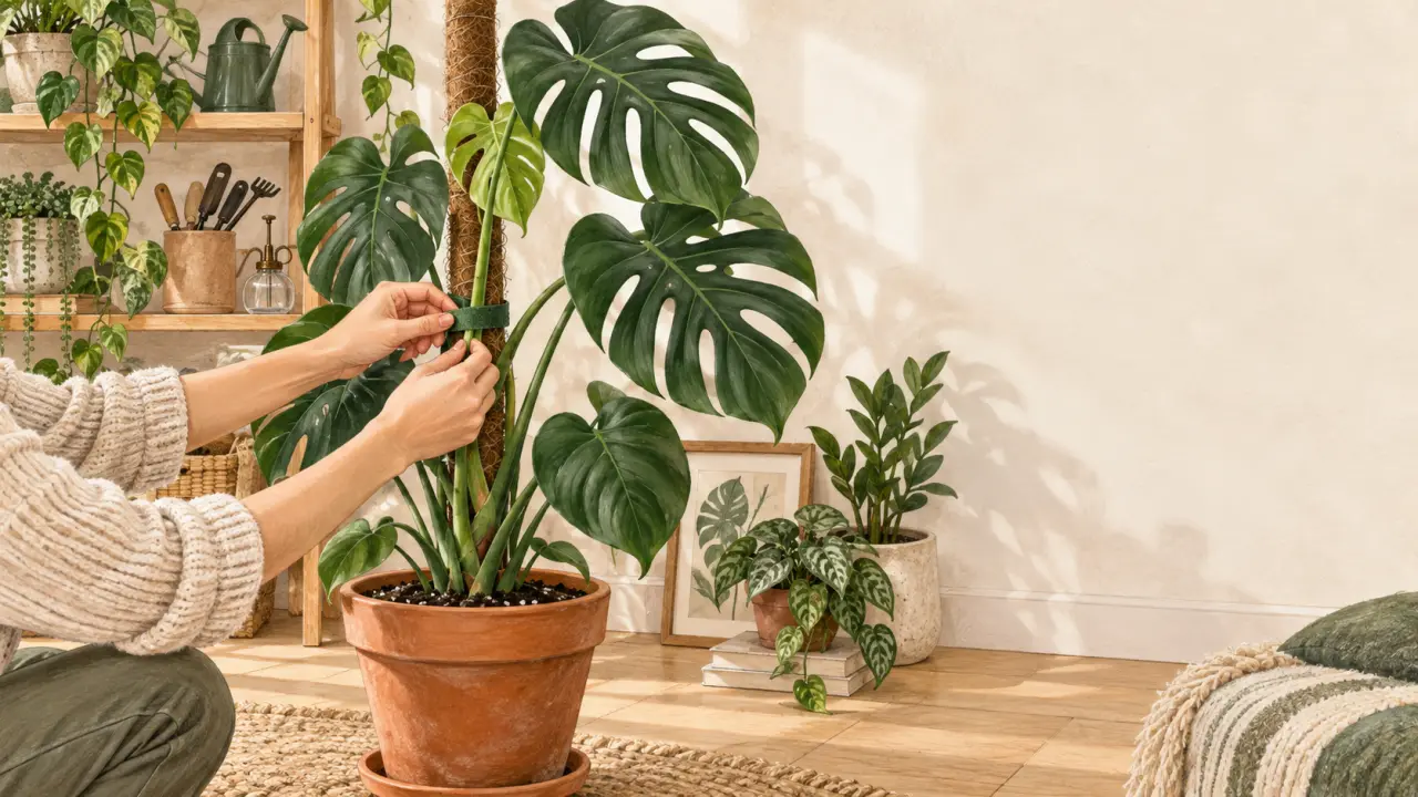 Monstera Deliciosa accompagné par un tuteur dans un intérieur lumineux