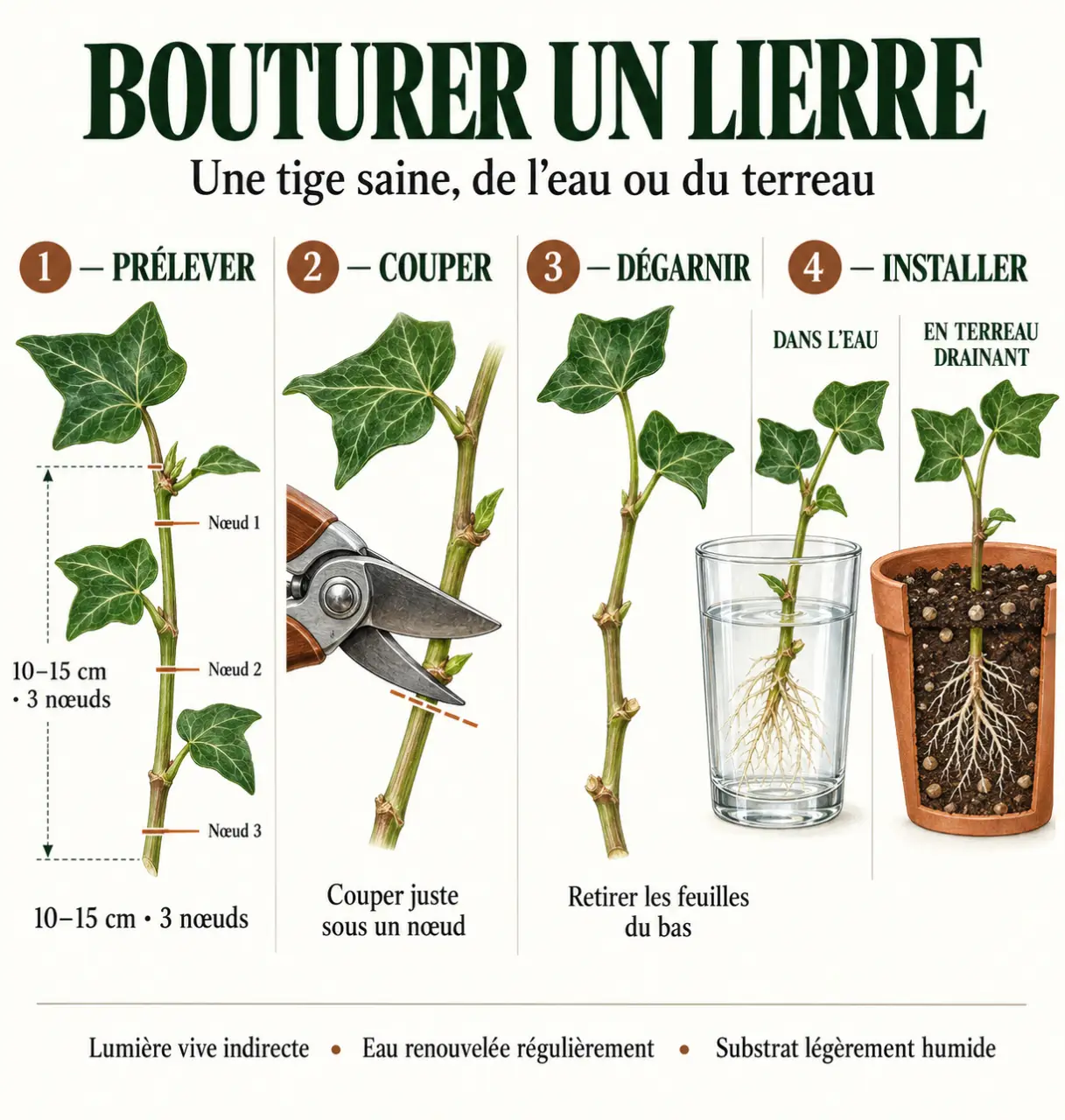 Illustration des étapes pour bouturer un lierre dans l’eau ou le terreau