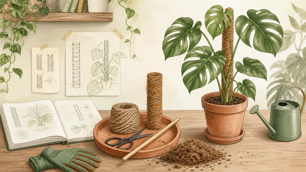 Illustration d’un monstera guidé par un tuteur coco dans un intérieur lumineux