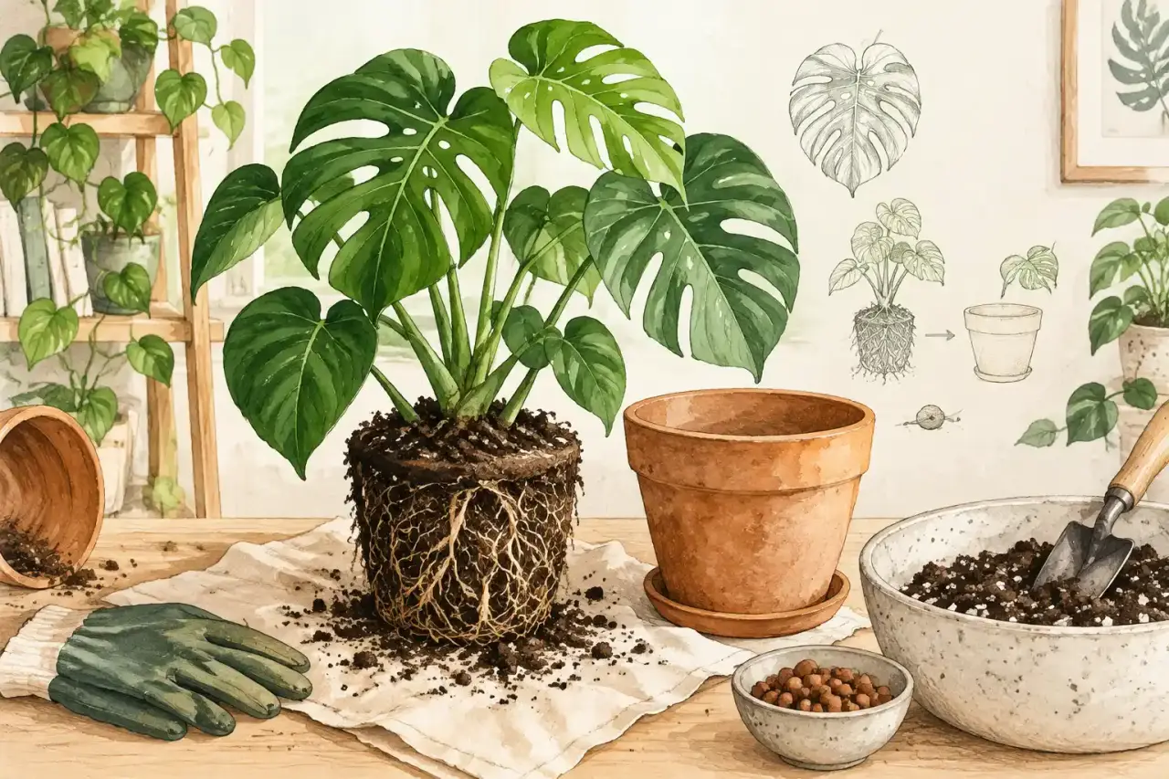 Illustration d'un Monstera Deliciosa en cours de rempotage, avec ses racines et son nouveau pot