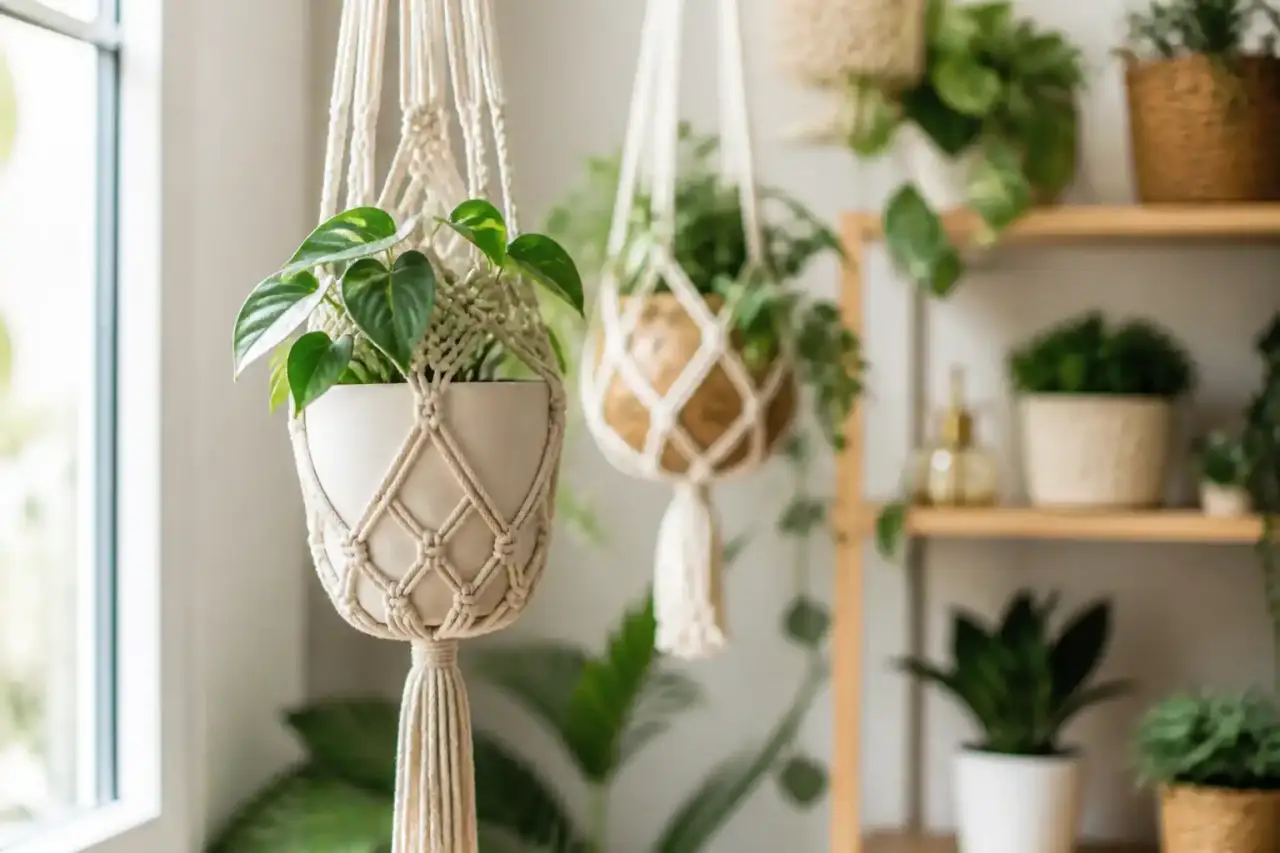 Illustration d'une suspension en macramé avec plante retombante