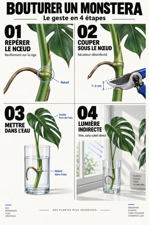 Schéma des étapes d’une bouture de monstera au niveau du nœud