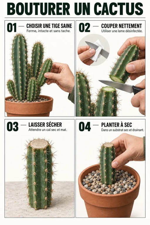 Étapes du bouturage des cactus, de la coupe à la plantation dans un substrat sec