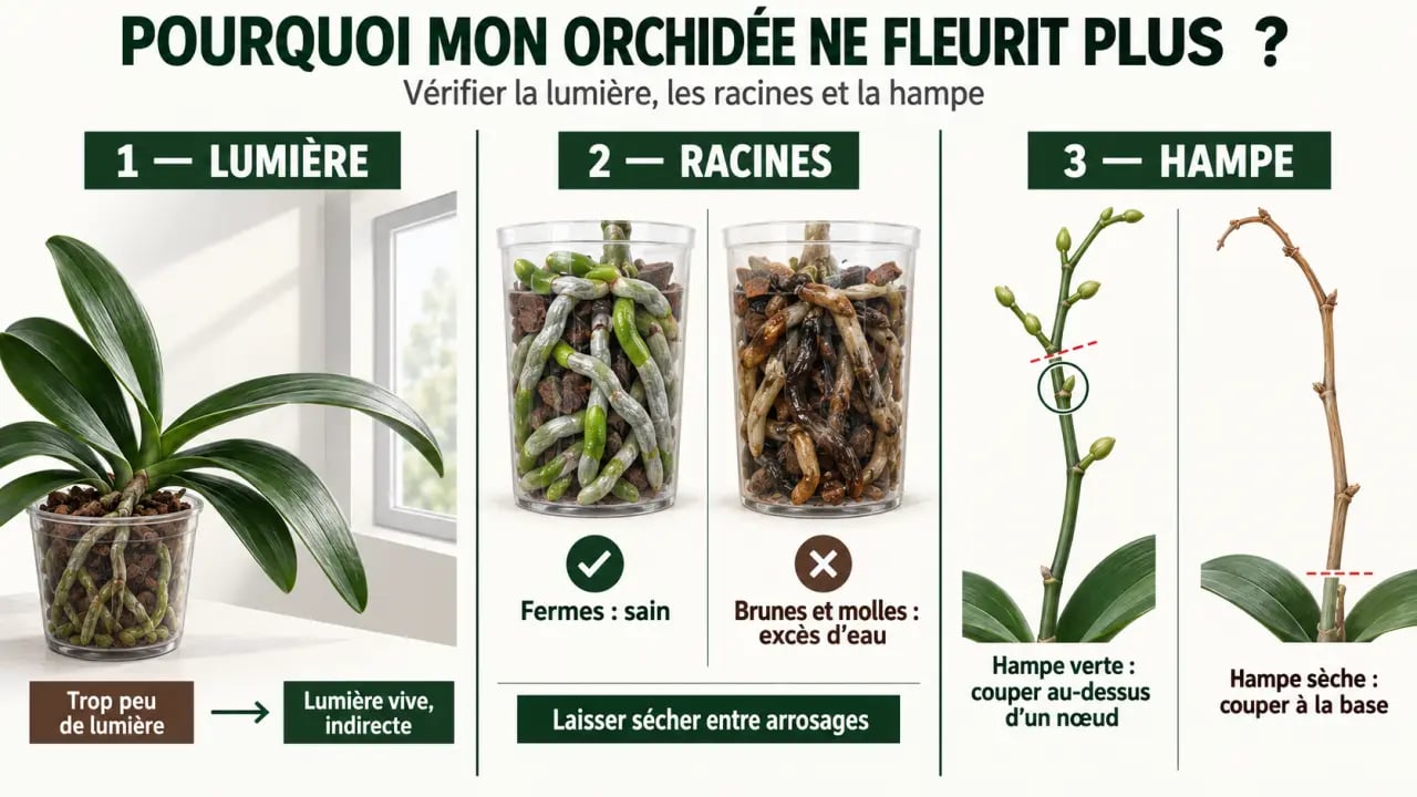 Pourquoi mon orchidée ne fleurit plus et que faire : diagnostic des feuilles, des racines et de la hampe florale