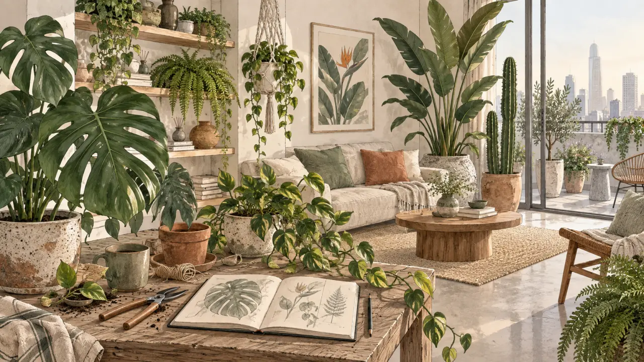Salon lumineux décoré de plantes d'intérieur aux silhouettes sculpturales