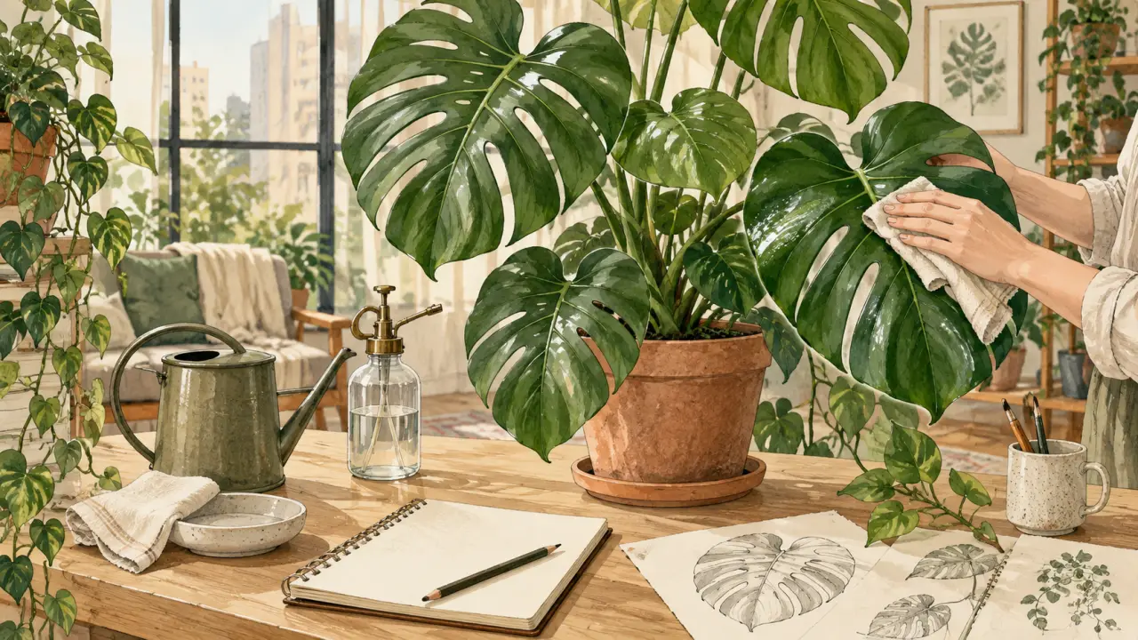Illustration botanique d’un Monstera Deliciosa dans un intérieur lumineux