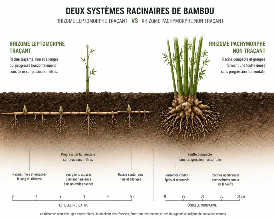 Schéma comparant rhizome traçant leptomorphe et rhizome non traçant pachymorphe pour bouturer du bambou