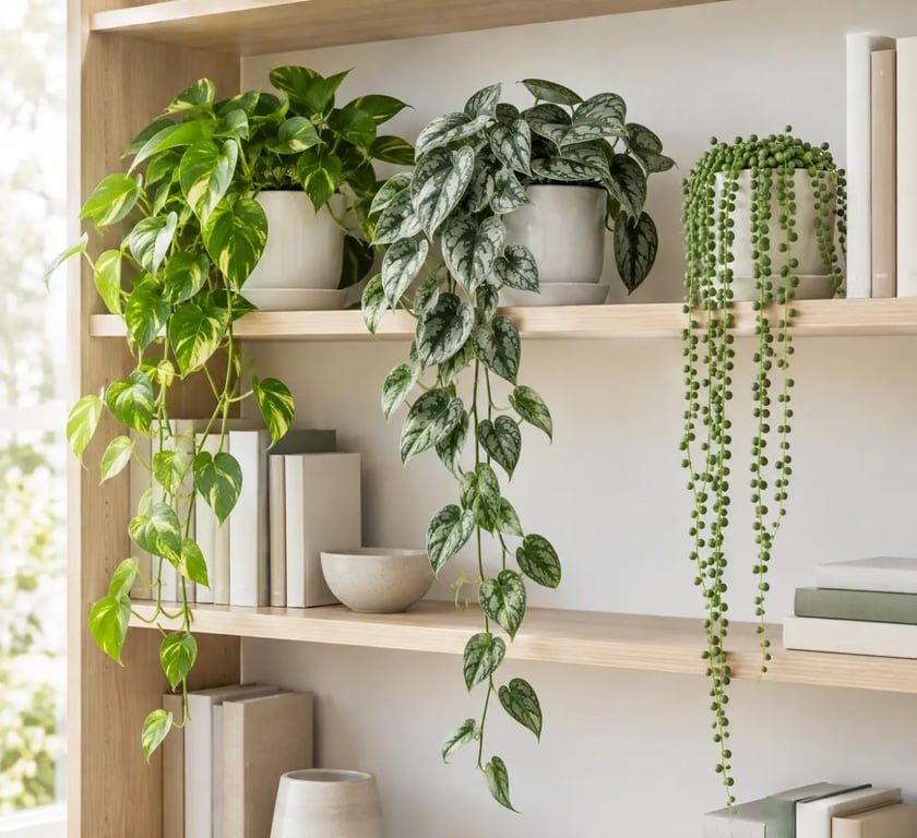 Mise en scène d'une plante tombante etagere dans une bibliothèque avec pots stables et feuillage en cascade