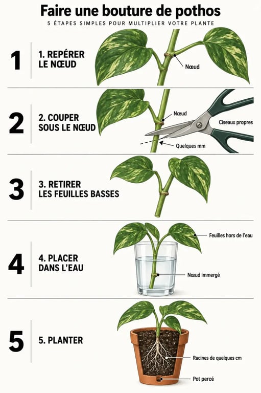 Bouture de pothos : repérer le nœud, couper la tige et mettre la bouture dans l’eau
