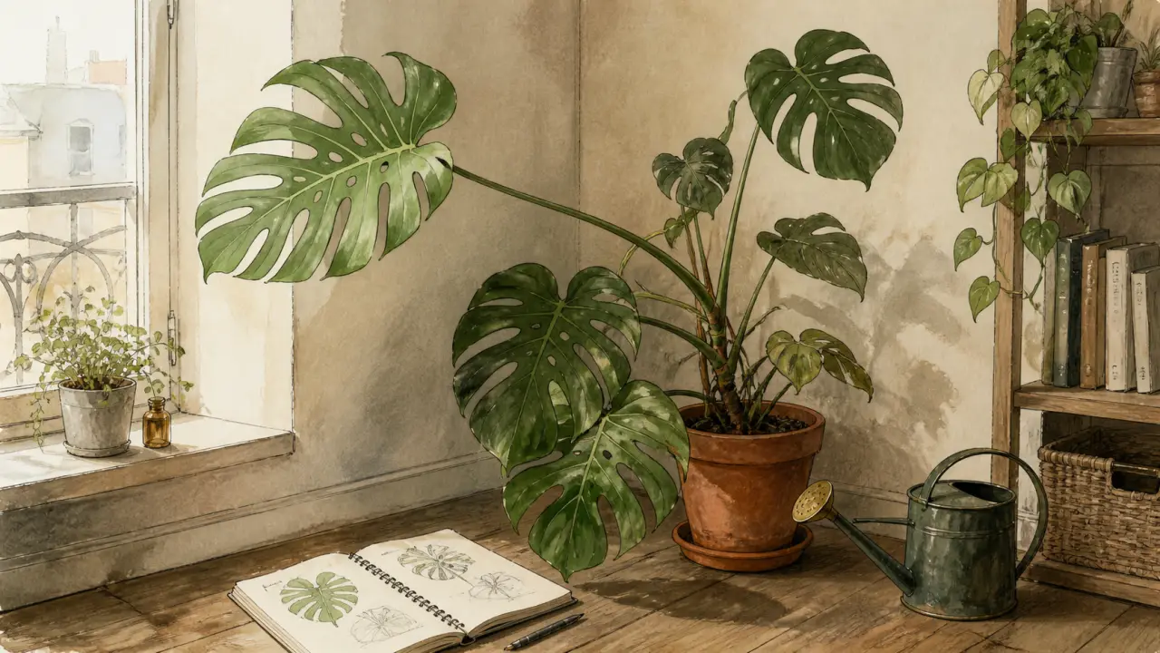 Illustration du Monstera dans un salon aux lumières tamisées