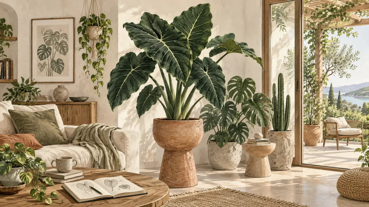 Salon lumineux décoré de plantes sculpturales dans un style aquarelle et carnet de croquis