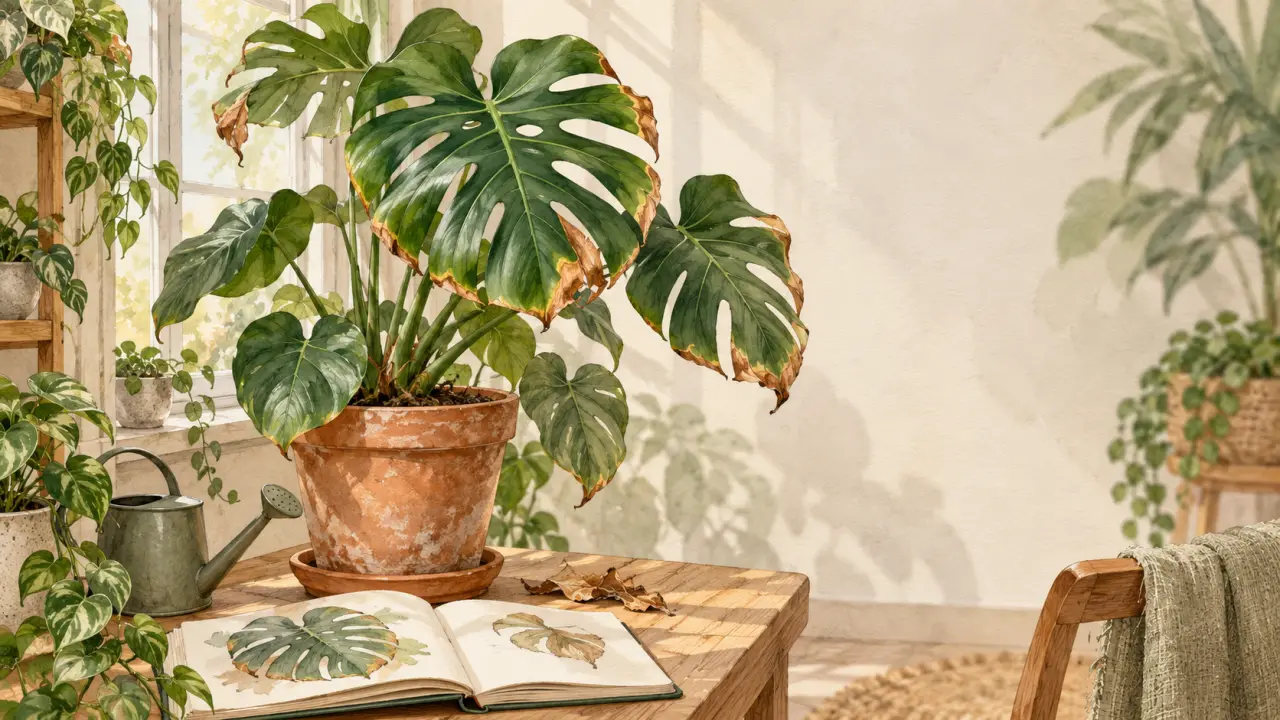 Feuille de Monstera Deliciosa présentant quelques zones brunes, dans un intérieur lumineux