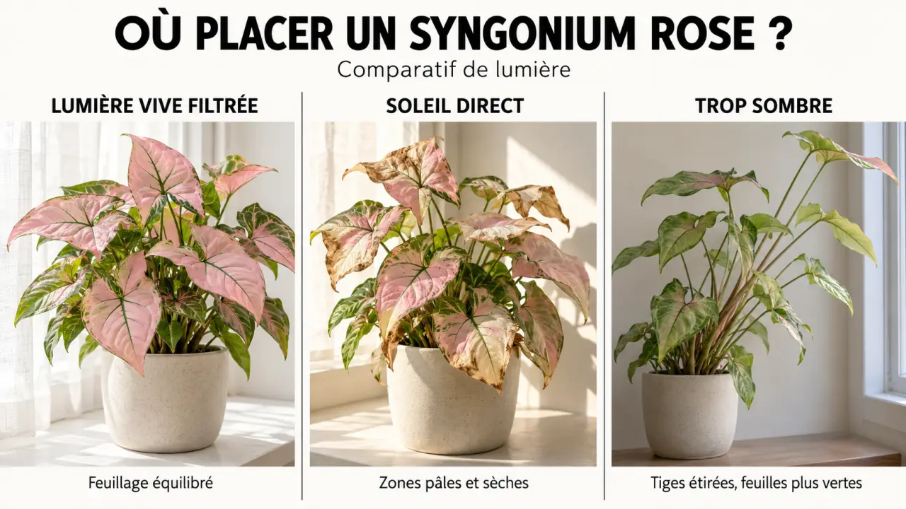 Syngonium rose placé sous une lumière filtrée avec comparaison des effets du soleil direct et du manque de lumière