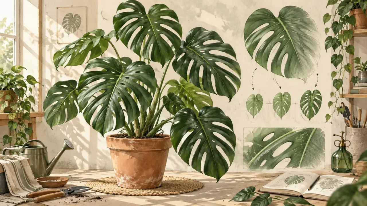Feuille de Monstera Deliciosa fendue, illustrée dans un style botanique