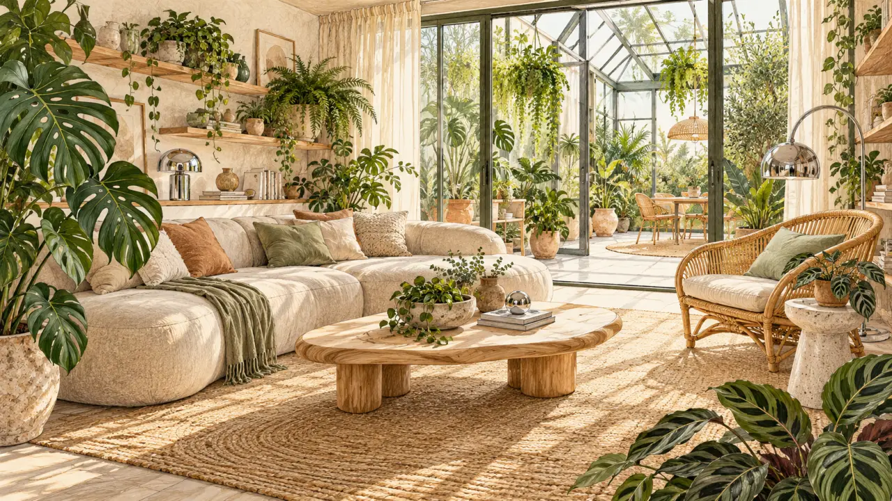 Salon lumineux rempli de plantes d'intérieur, avec fauteuil en rotin et matières naturelles