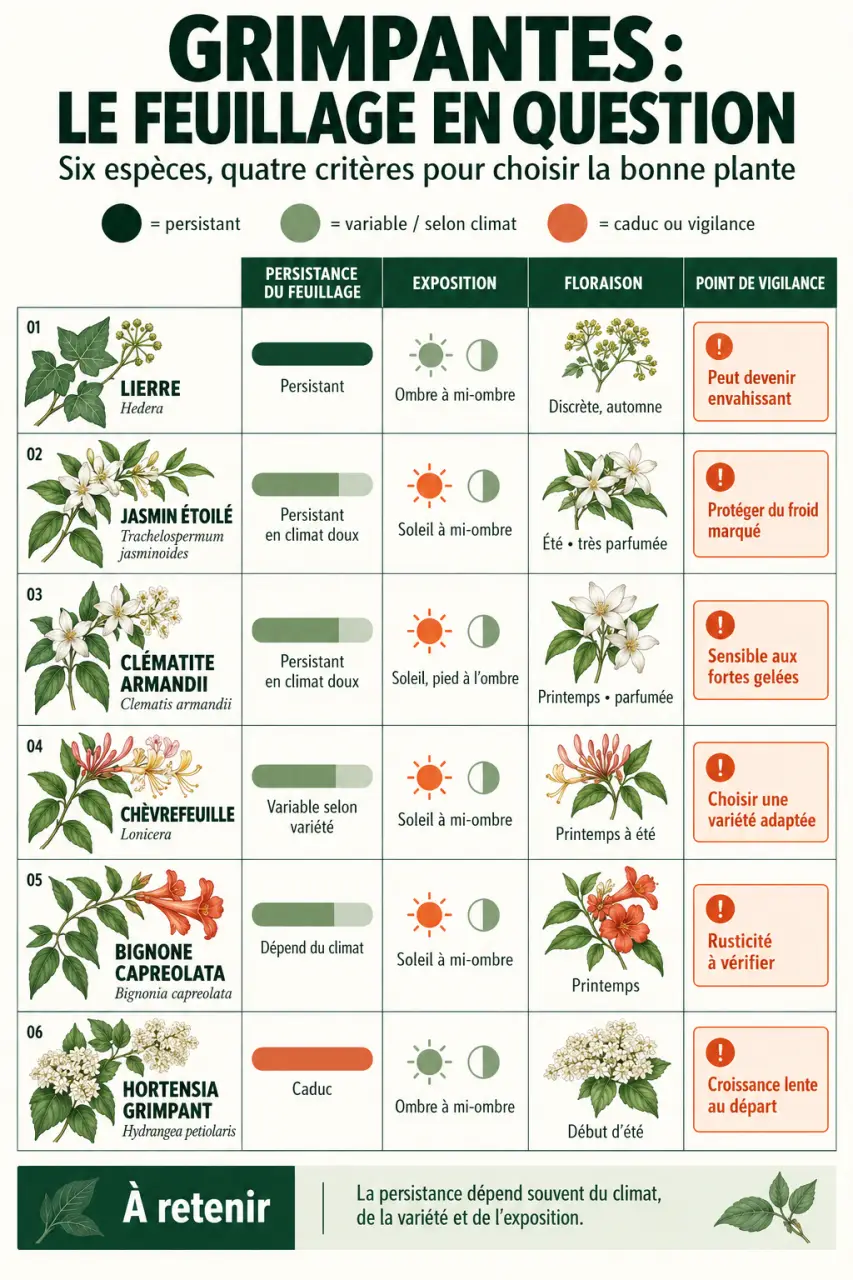 Infographie comparative des plantes grimpantes à feuillage persistant selon l’exposition, la floraison et la persistance