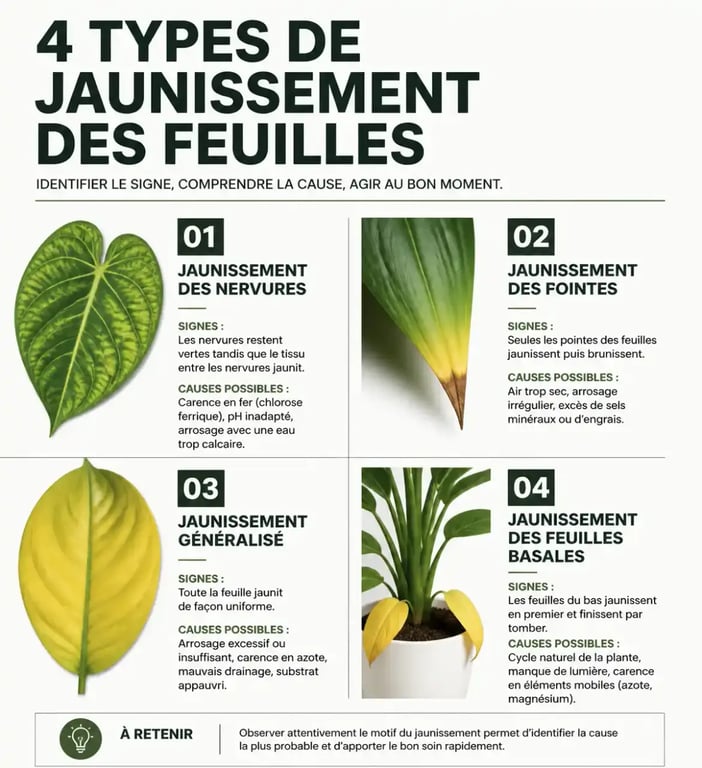 Infographie illustrant les différents types de jaunissement des feuilles sur les plantes vertes pour diagnostiquer les problèmes d'entretien.