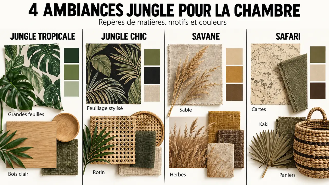 Décoration jungle chambre : comparaison des styles jungle tropicale, jungle chic, savane et safari