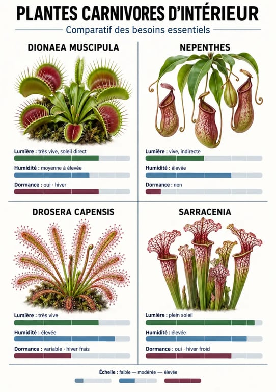 Infographie comparative des plantes carnivores d’intérieur Dionaea, Nepenthes, Drosera et Sarracenia