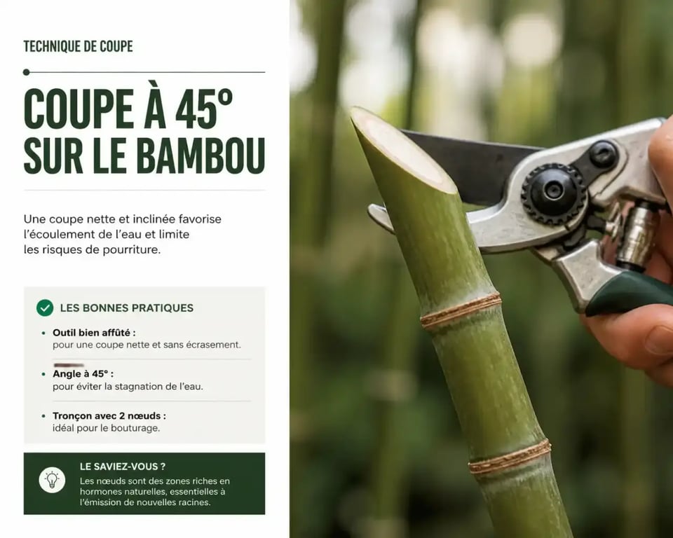 Coupe à 45 degrés d'une tige pour bouturer du bambou avec un sécateur affûté