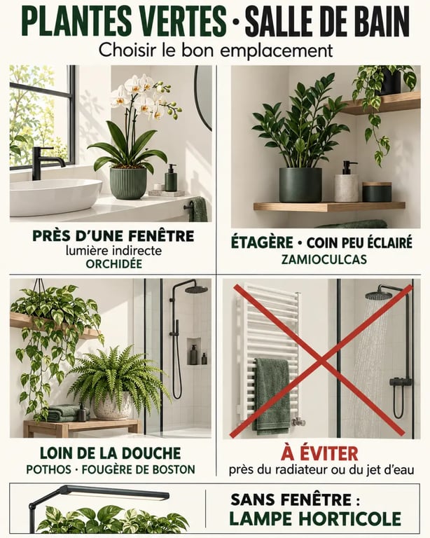 Infographie des plantes vertes pour salle de bain selon la lumière et l'emplacement
