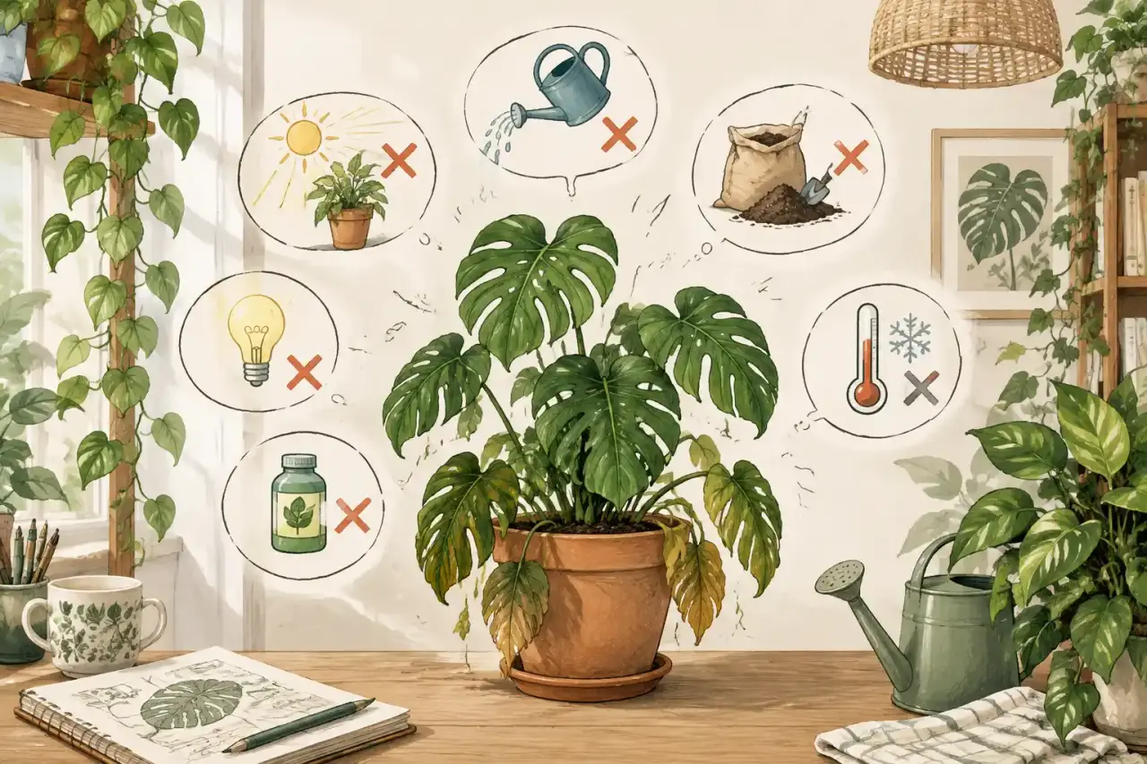 Salon lumineux rempli de plantes d’intérieur, dans un style d’illustration botanique