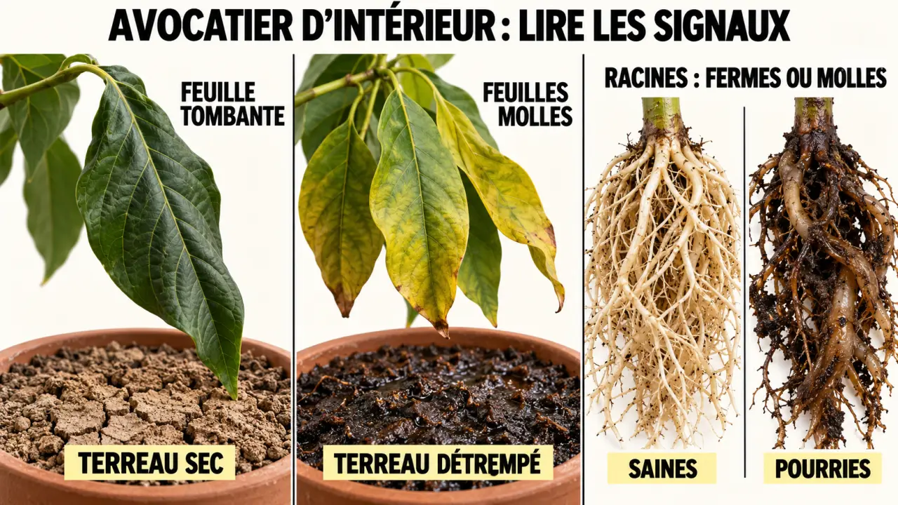 Avocatier feuille tombante : comparaison entre manque d’eau, excès d’eau et racines pourries
