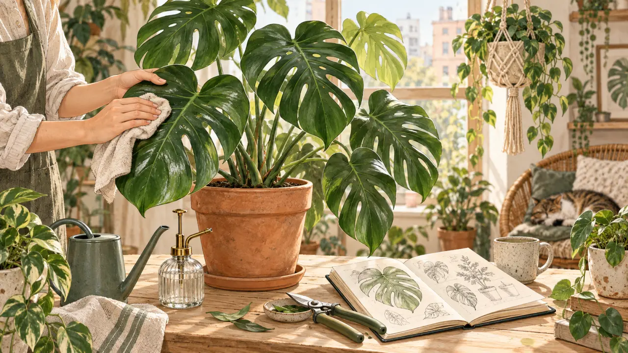 Monstera Deliciosa aux grandes feuilles vertes dans un intérieur lumineux