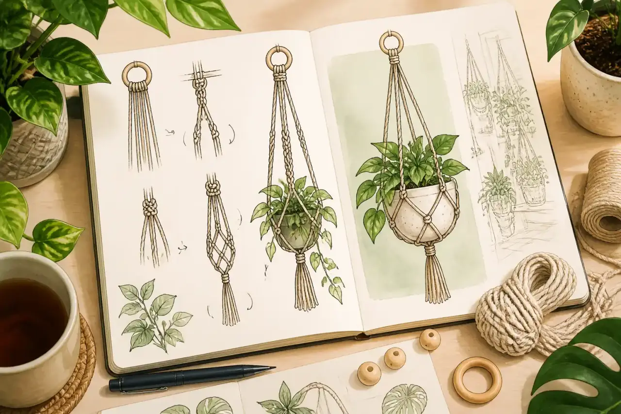 Illustration d'une suspension végétale en macramé suspendue dans un intérieur lumineux