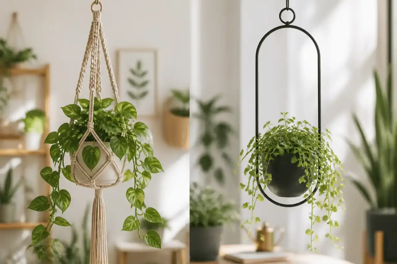 Illustration artistique style aquarelle et encre de Chine d'un salon lumineux rempli de plantes suspendues