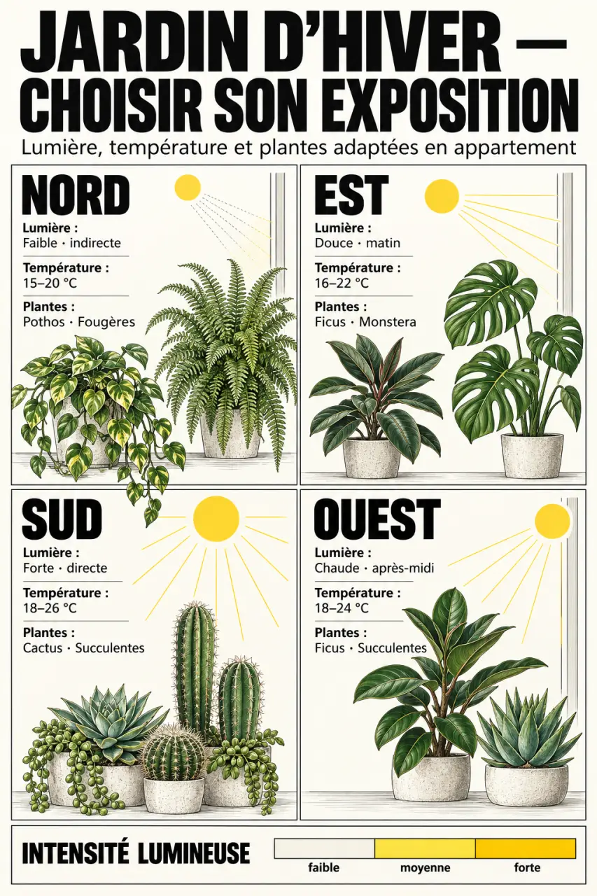 Jardin d'hiver appartement : expositions et plantes adaptées selon la lumière