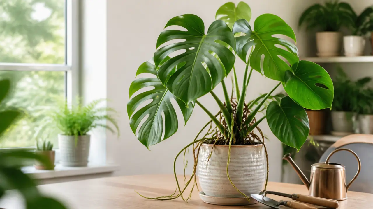 Illustration d'un salon lumineux avec un Monstera, des fougères et un fauteuil en rotin, sur fond de papier grainé