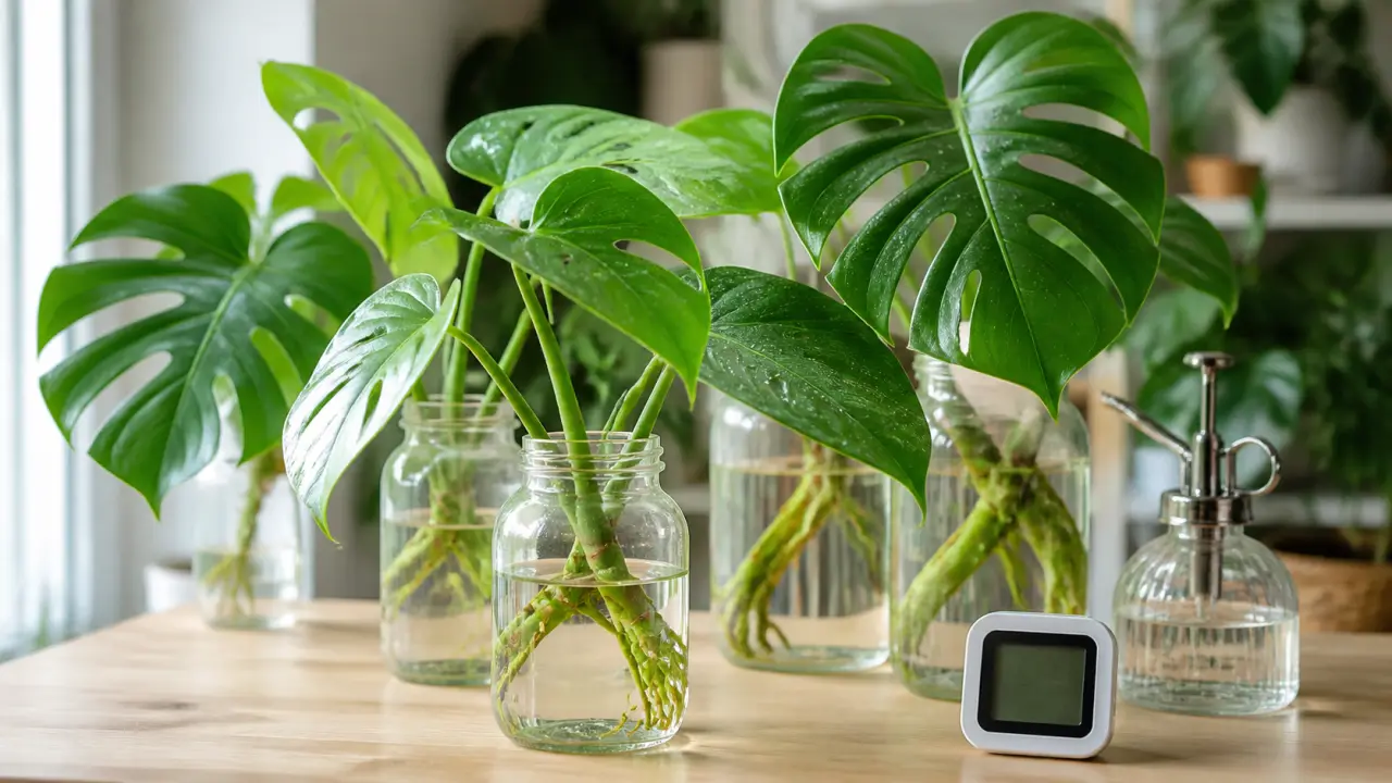 Bouture de monstera sous une cloche légère, dans un salon lumineux