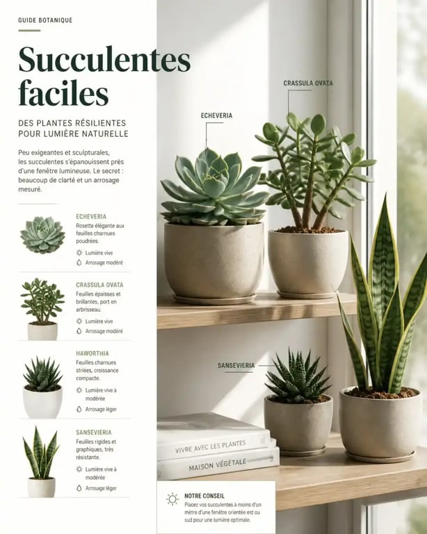 Plantes succulentes intérieur disposées près d'une fenêtre selon leur besoin de luminosité