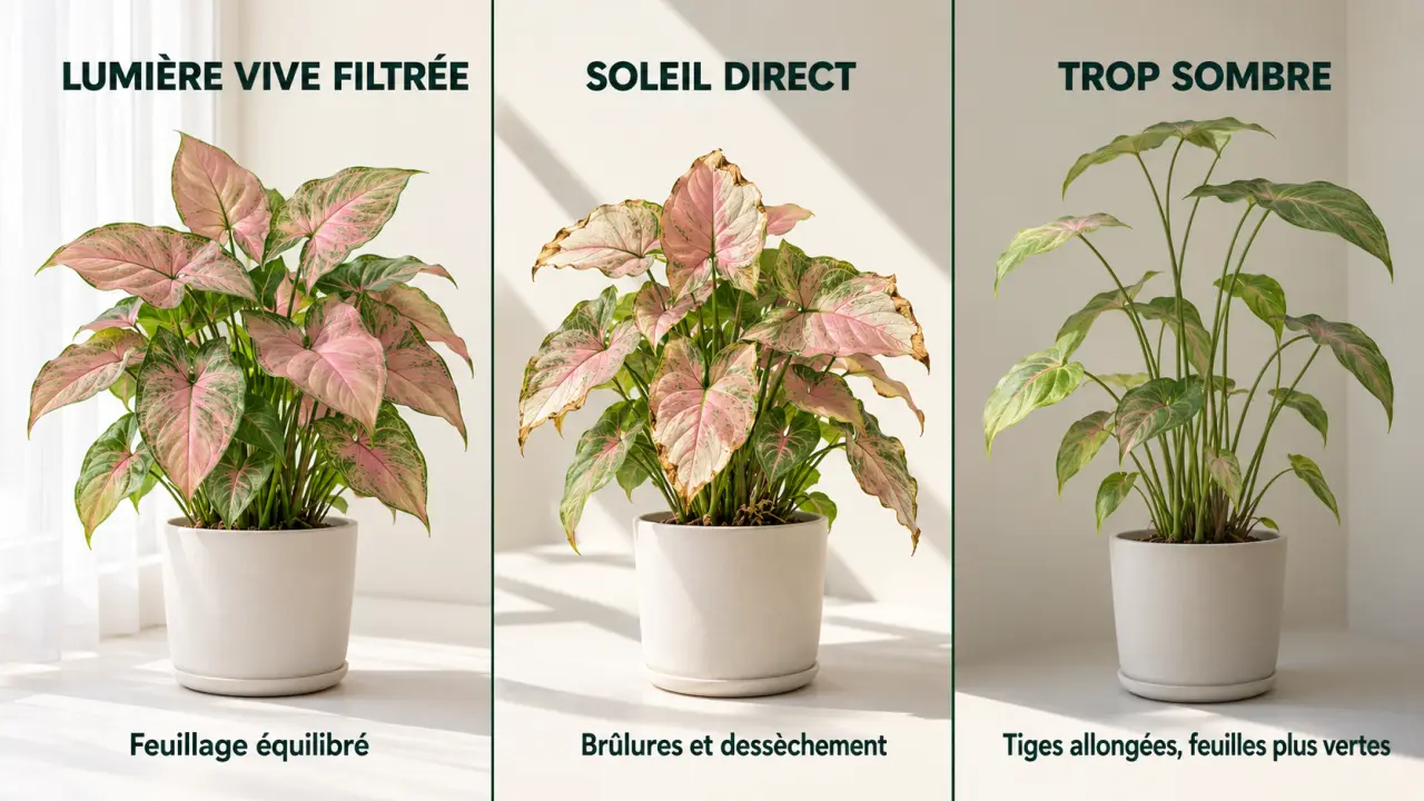 Syngonium rose placé sous une lumière filtrée avec comparaison des effets du soleil direct et du manque de lumière
