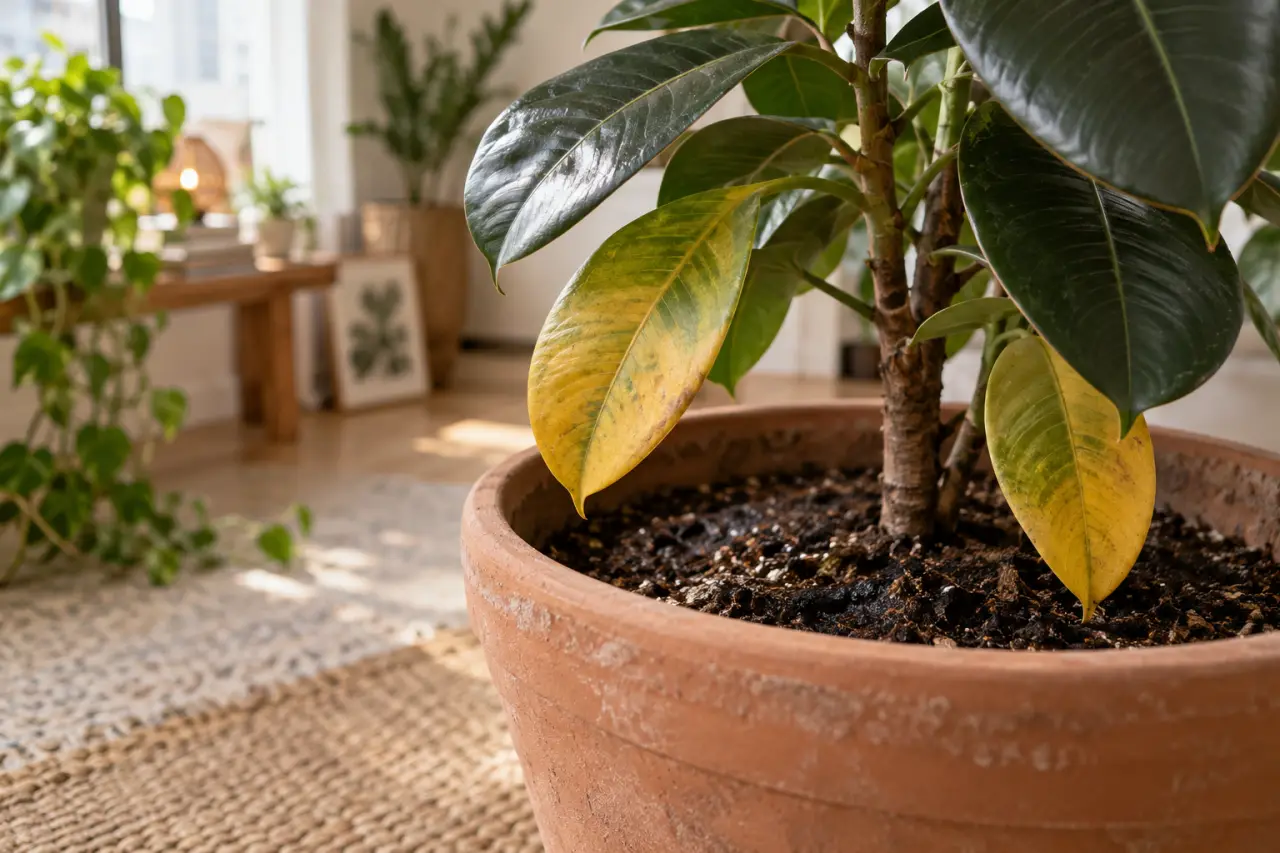 Plante caoutchouc d’intérieur : pourquoi un pot trop grand fait jaunir les feuilles
