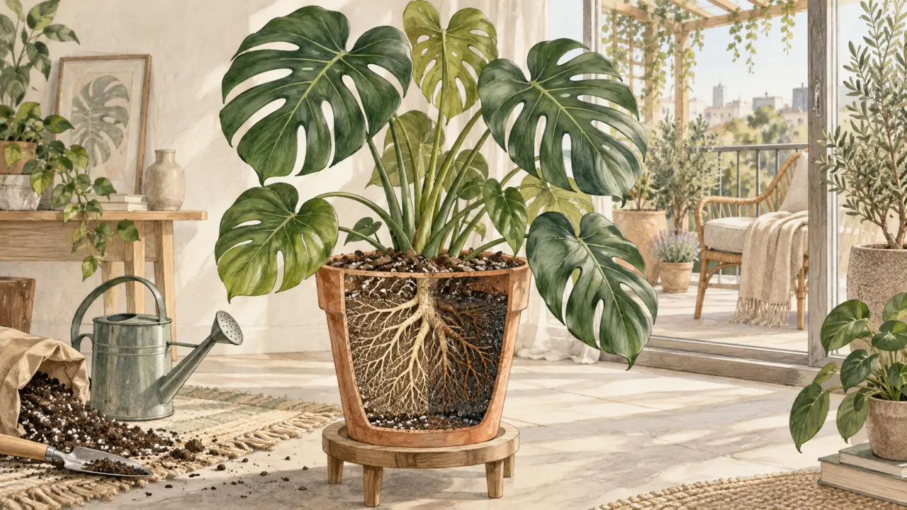 Illustration botanique d'un Monstera Deliciosa et de ses racines