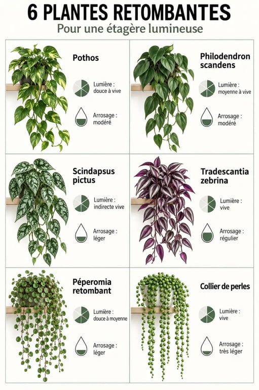 Infographie de plantes tombantes etagere avec pothos, philodendron, scindapsus et collier de perles