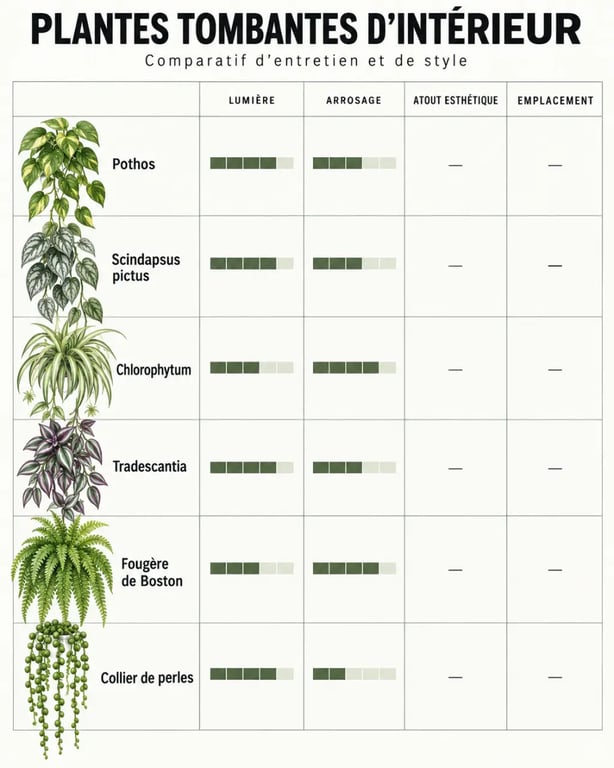 Infographie comparative des plantes tombantes d’intérieur selon la lumière et l’arrosage
