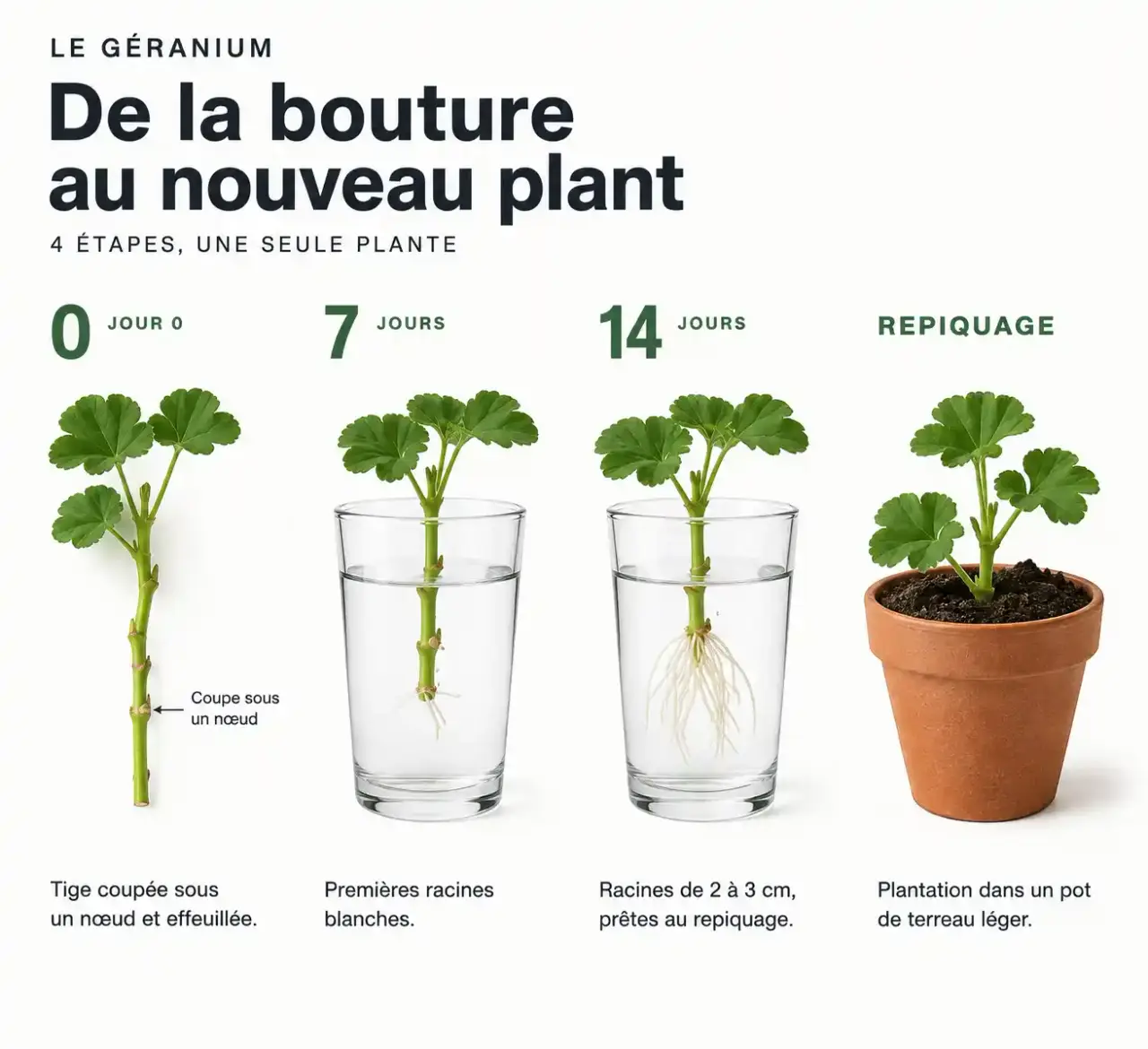 Étapes pour faire des boutures de géranium dans l'eau : de la tige coupée aux racines de 2 à 3 cm prêtes à repiquer